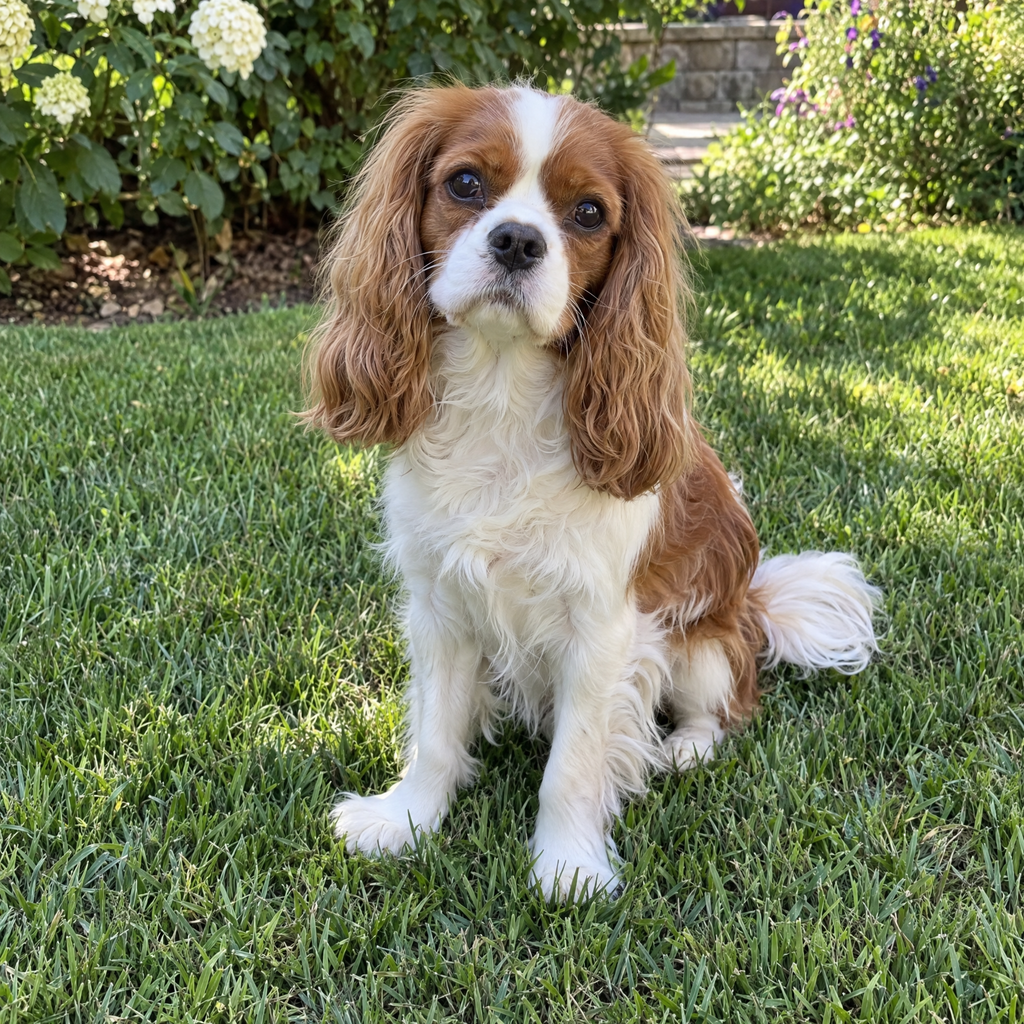 Photo de démonstration du chien Caramel, un cavalier king charles roux et blanc, utilisée pour le livre Les Détectives du Quartier