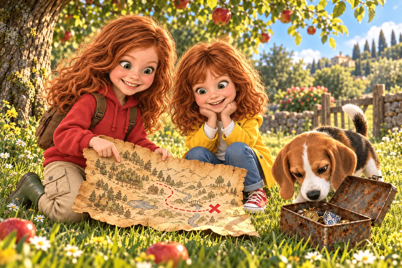 Illustration du livre personnalisé La Carte au Trésor : deux enfants déplient une vieille carte au trésor sous un pommier, le chien de la famille à côté d'eux