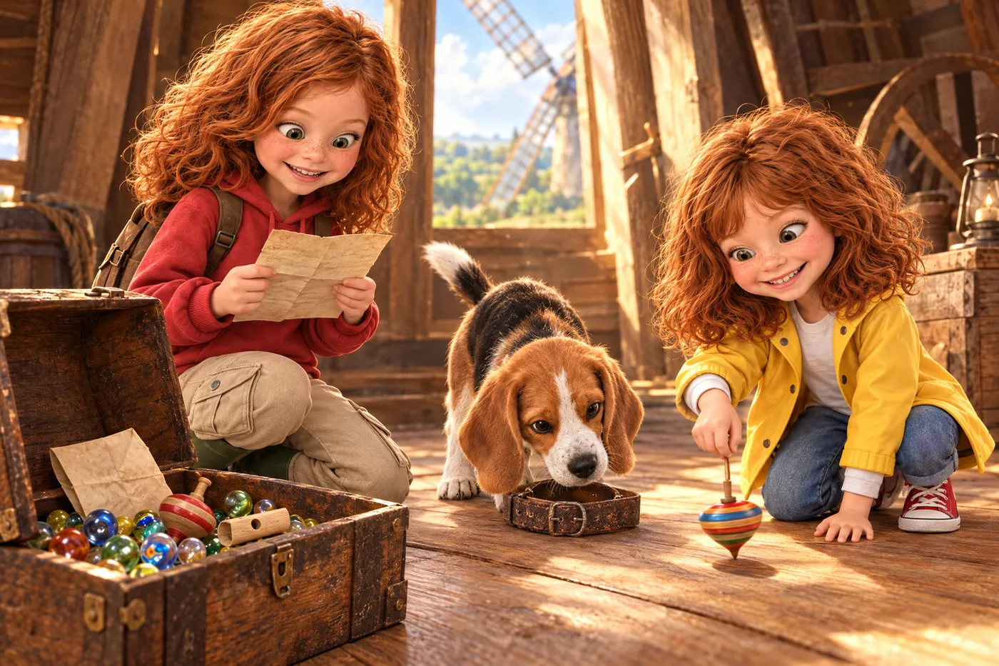 Illustration du livre personnalisé La Carte au Trésor : le coffre ouvert révèle des billes, un sifflet en bois, une toupie et un vieux collier de chien
