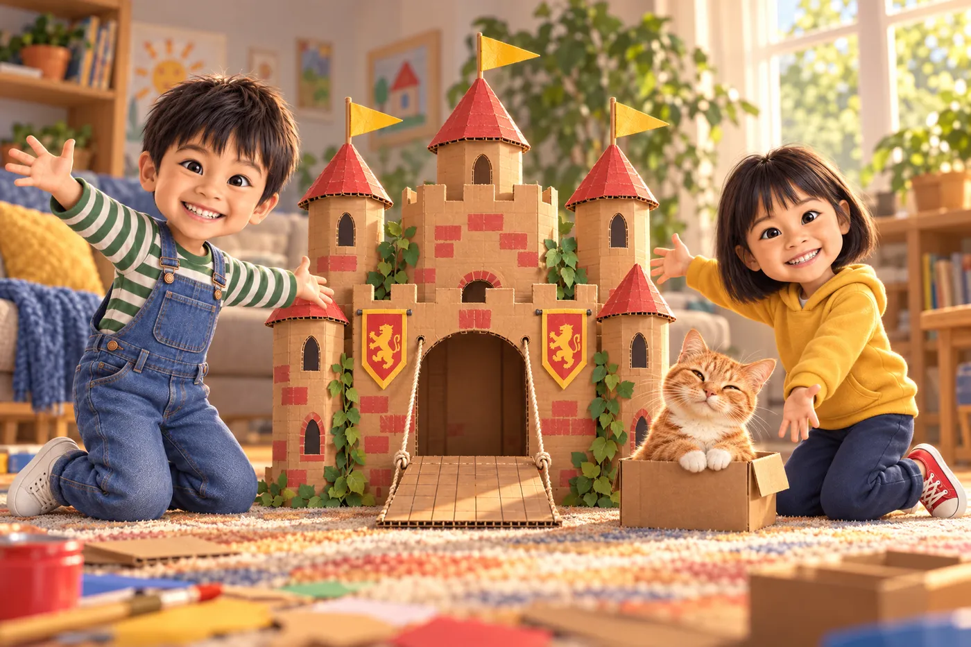 Illustration du livre personnalisé Le Château en Carton : deux enfants présentent fièrement leur château de carton pendant que le chat de la famille l'ignore