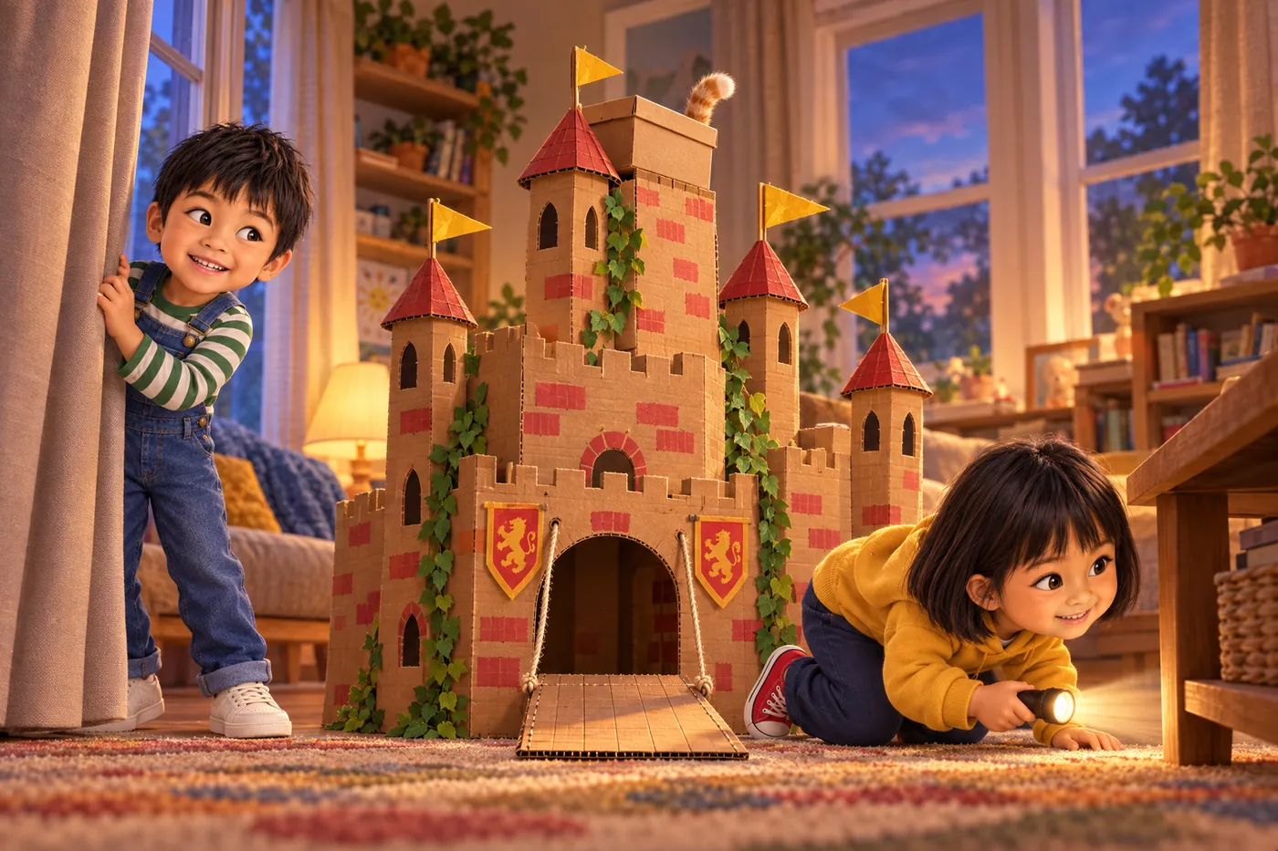 Illustration du livre personnalisé Le Château en Carton : deux enfants cherchent leur chat derrière les rideaux et sous la table à la tombée du jour
