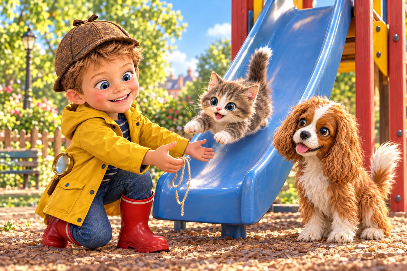 Illustration du livre personnalisé Les Détectives du Quartier : un enfant récupère un chaton au bas d'un toboggan, son chien assis à côté