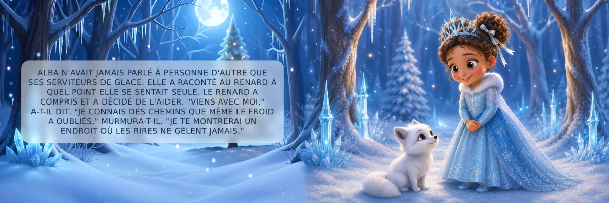Double page du livre La Reine des Glaces : la princesse confie sa solitude au petit renard des neiges