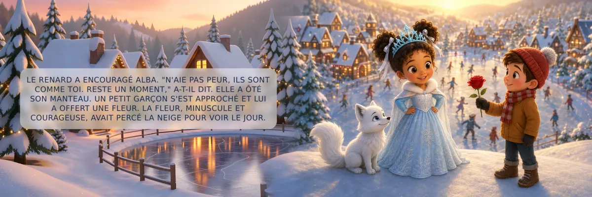 Double page du livre La Reine des Glaces : dans le village, un petit garçon offre une fleur à la princesse sous le regard du renard