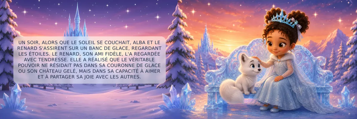 Double page du livre La Reine des Glaces : la princesse et le renard regardent les étoiles depuis un banc de glace