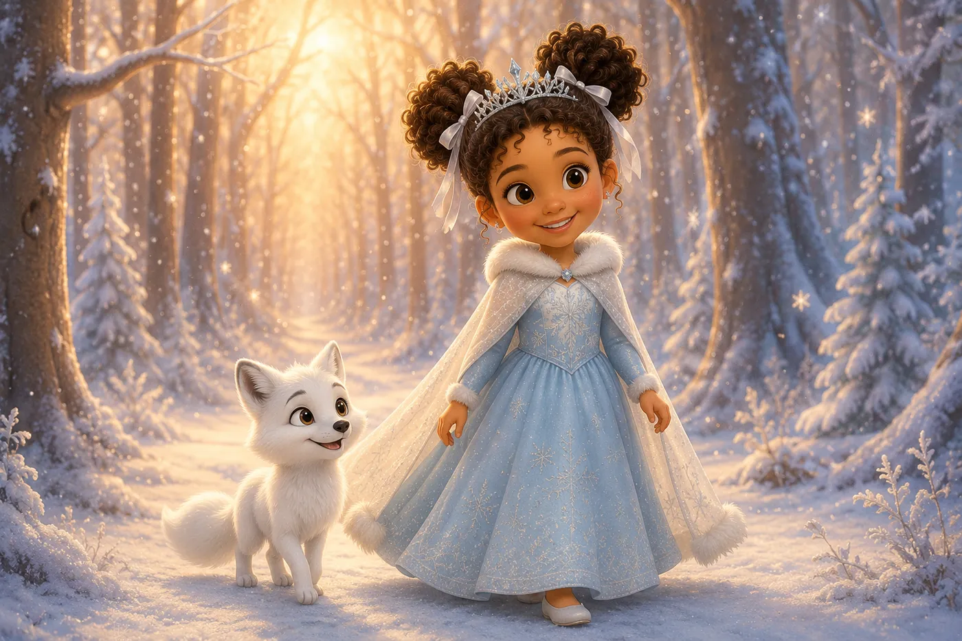 Illustration du livre personnalisé La Reine des Glaces : la petite princesse rencontre un renard des neiges dans une forêt enneigée