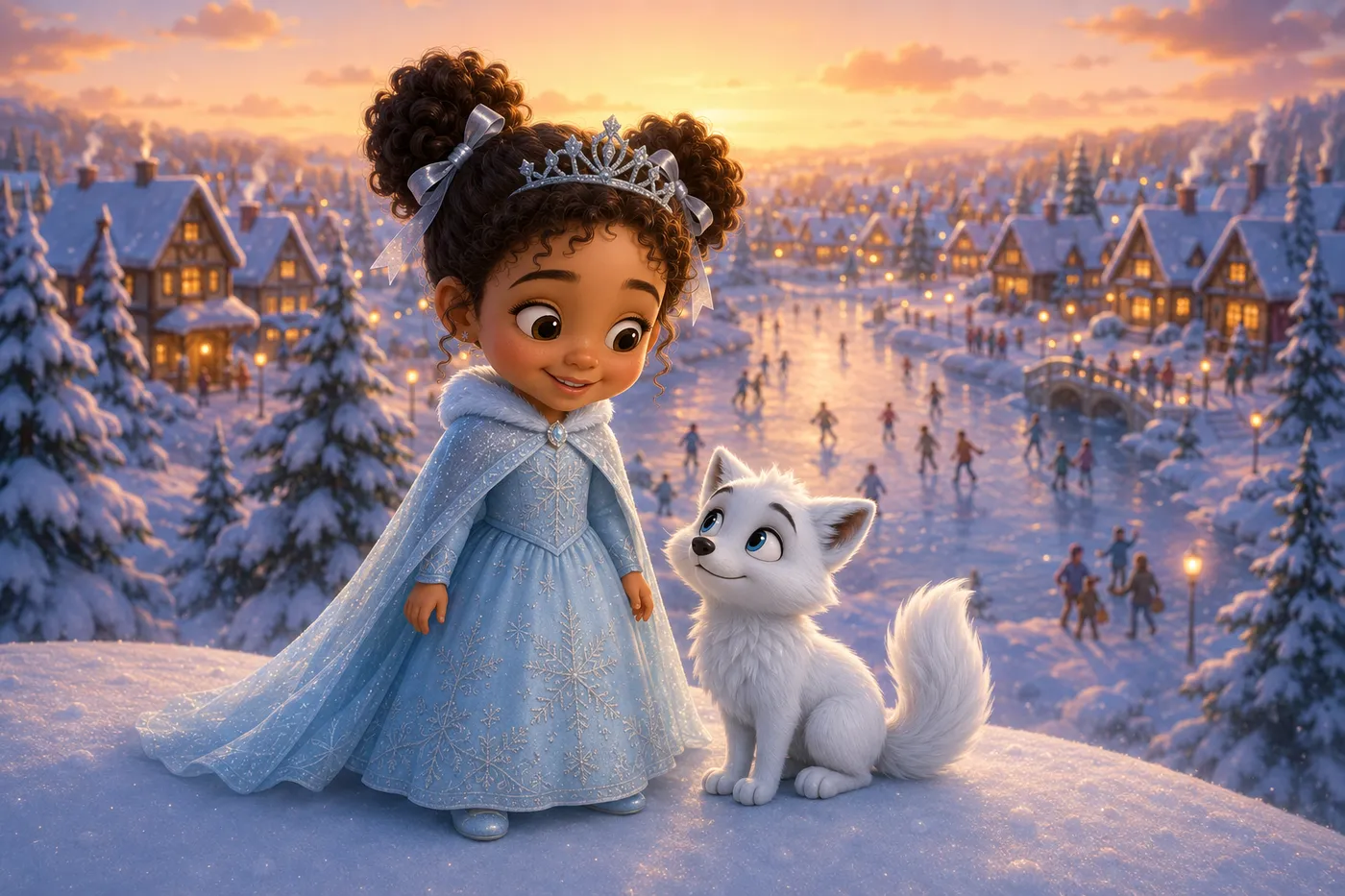 Illustration du livre personnalisé La Reine des Glaces : la princesse et le renard arrivent devant un village d'hiver plein d'enfants