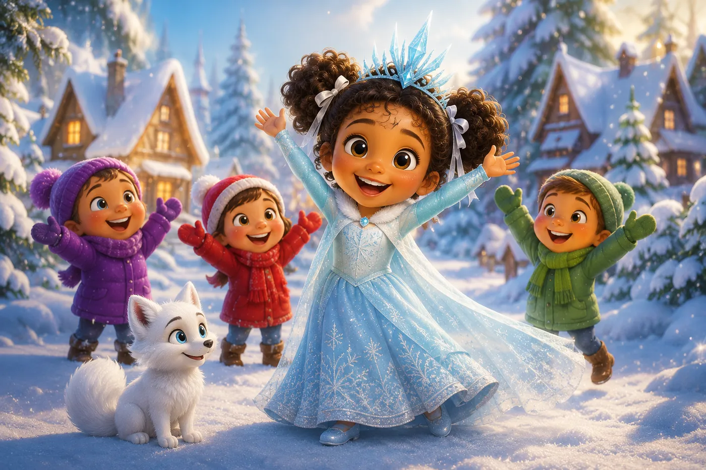 Illustration du livre personnalisé La Reine des Glaces : la princesse joue dans la neige avec les enfants du village et le renard