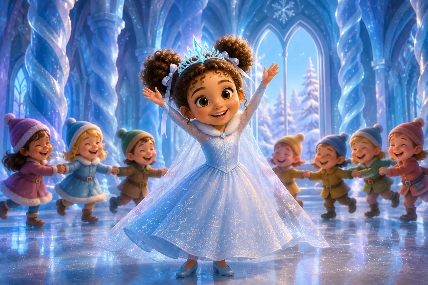 Illustration du livre personnalisé La Reine des Glaces : le château de glace rempli d'enfants qui dansent autour de la princesse