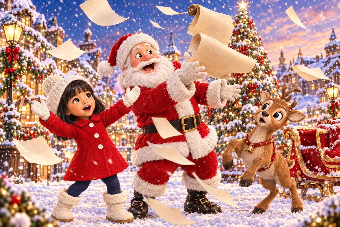 Sur une place de village enneigée et illuminée, un coup de vent arrache les pages de la grande liste des mains du Père Noël ; une petite fille en manteau rouge et un jeune renne courent après les feuilles