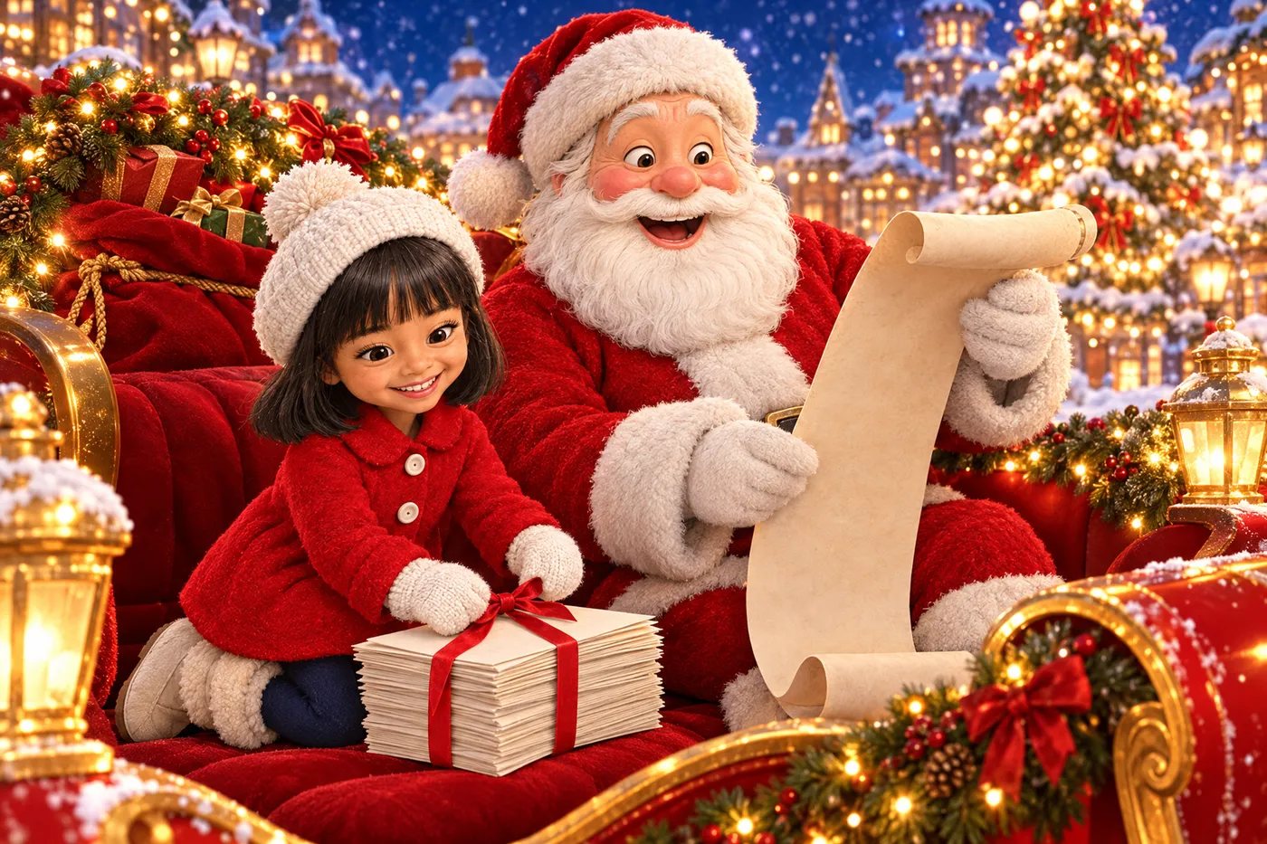 Le Père Noël lit à voix haute une longue liste, assis dans son traîneau à côté d'une fillette