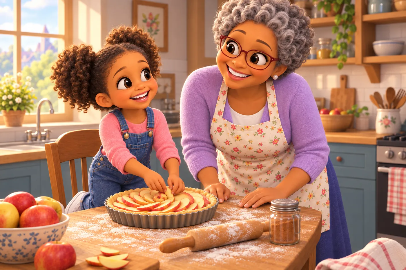 Illustration du livre personnalisé Ma Mamy chérie : une petite fille et sa grand-mère préparent une tarte aux pommes