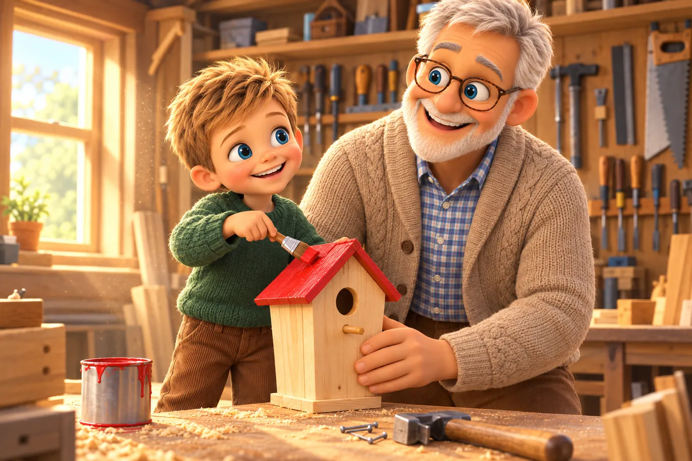 Illustration du livre personnalisé Mon Papy adoré : un enfant et son grand-père fabriquent une cabane à oiseaux dans l'atelier