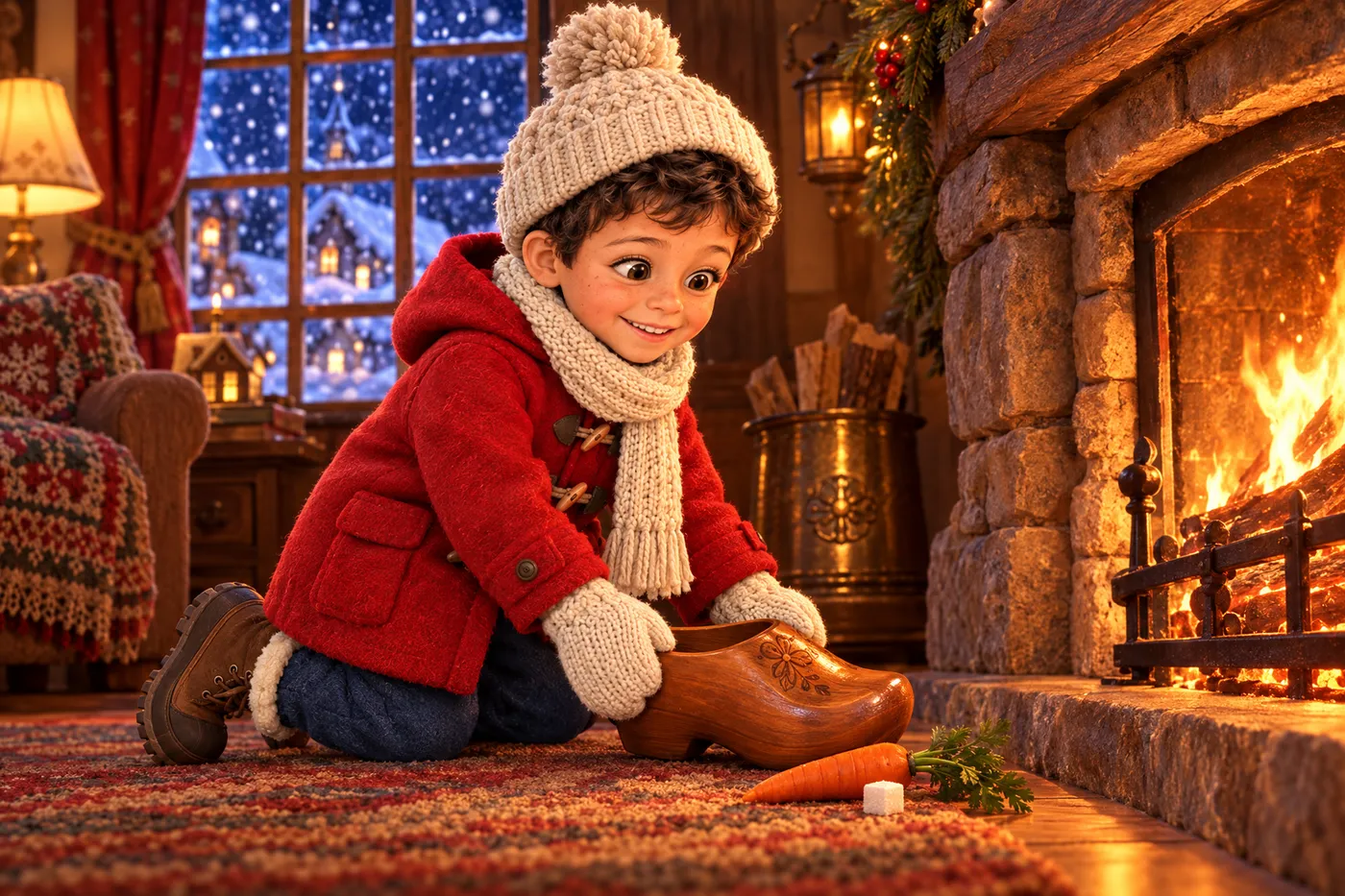 Un petit garçon pose son sabot près de la cheminée, avec une carotte pour l'âne de Saint-Nicolas