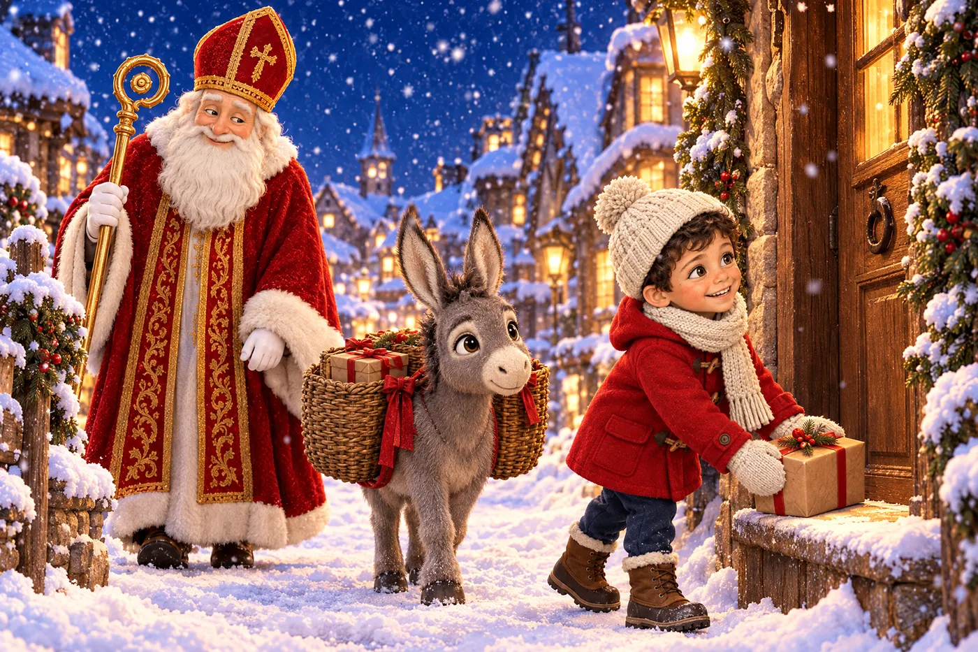 Saint-Nicolas et son ânesse grise chargée de paniers dans une rue enneigée, la nuit ; un petit garçon dépose un cadeau devant une porte