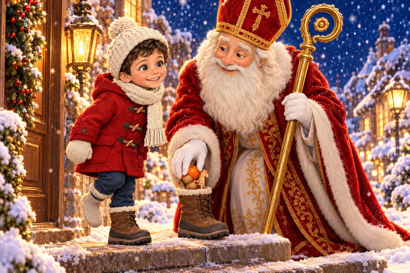 Sous la neige, Saint-Nicolas en mitre rouge glisse des friandises dans une bottine posée sur un seuil, près d'un petit garçon