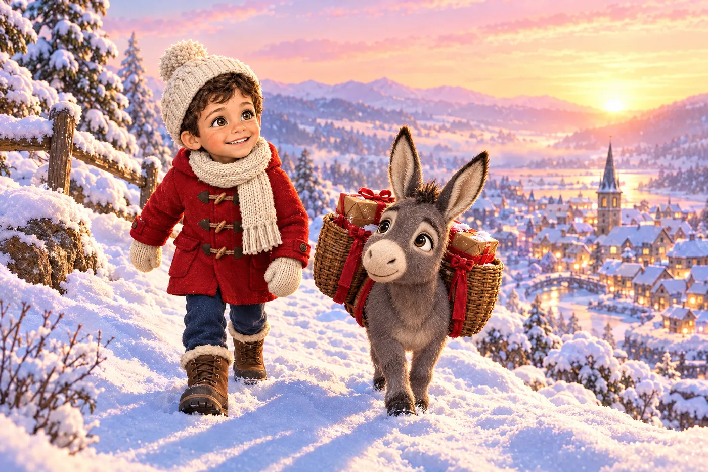 Au lever du jour, un petit garçon en manteau rouge et une ânesse grise chargée de paniers marchent dans la neige au-dessus d'un village