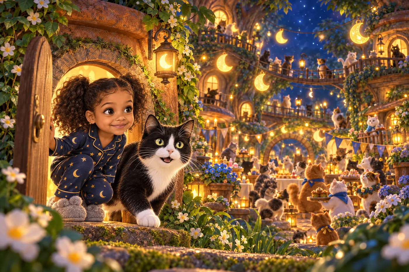 Illustration du livre personnalisé Le Pays Secret des Chats : une petite porte ronde s'ouvre au fond du jardin sur un village de chats éclairé par des lanternes en forme de lune