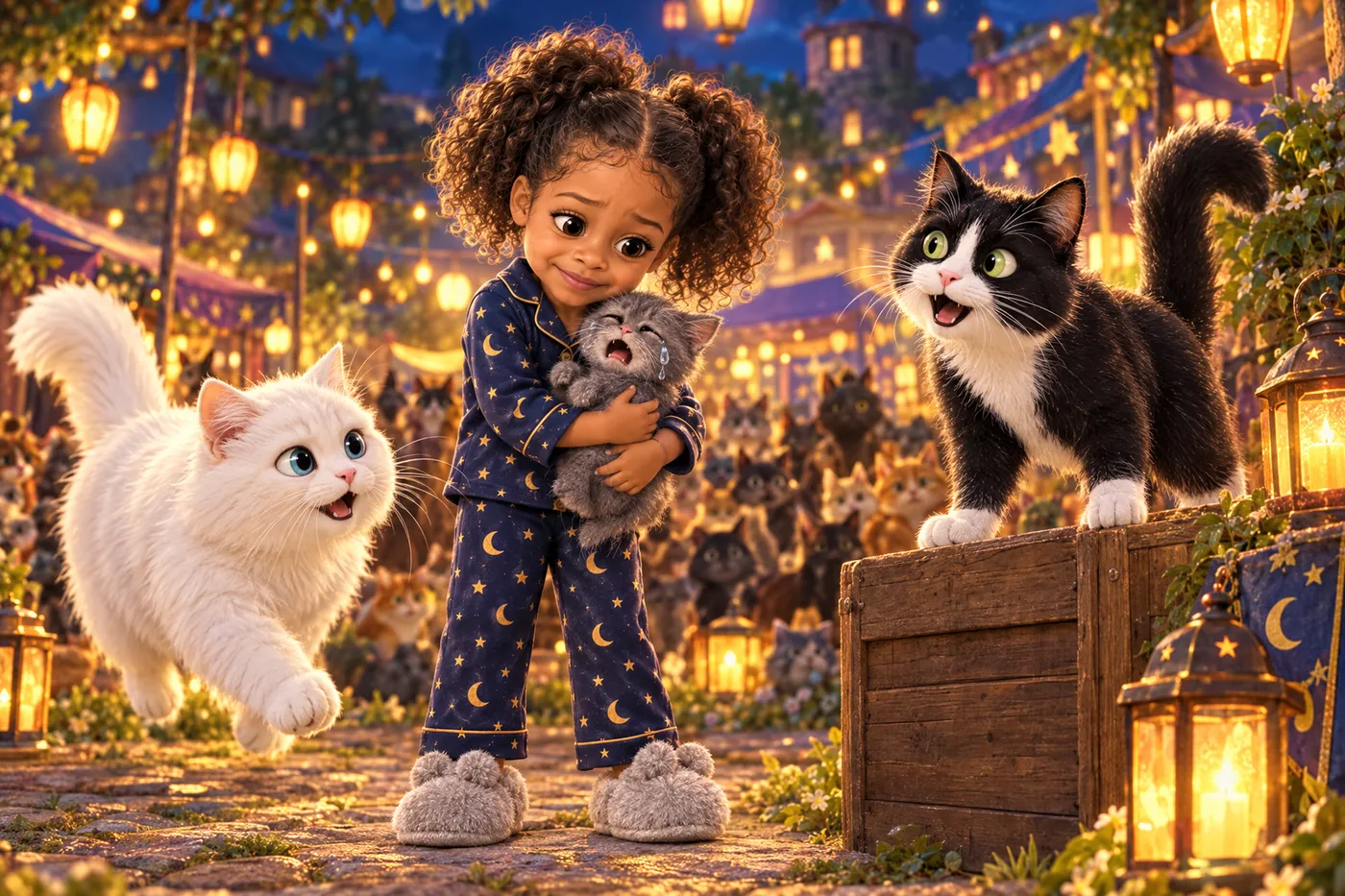 Illustration du livre personnalisé Le Pays Secret des Chats : la petite fille console un chaton gris au milieu d'une fête de chats