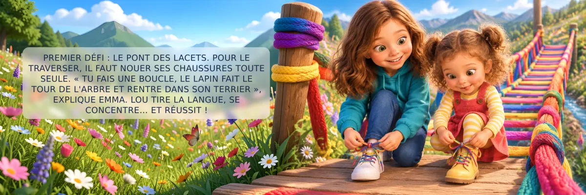 Double page du livre Au Pays des Premières Fois : la grande sœur apprend à la petite à nouer ses lacets sur le Pont des Lacets