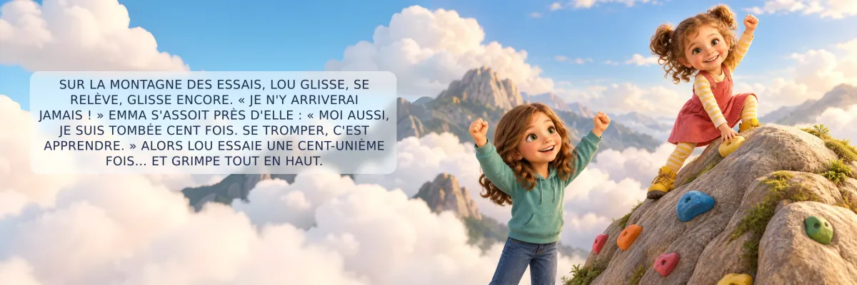 Double page du livre Au Pays des Premières Fois : sur la Montagne des Essais, l'aînée encourage la cadette à réessayer
