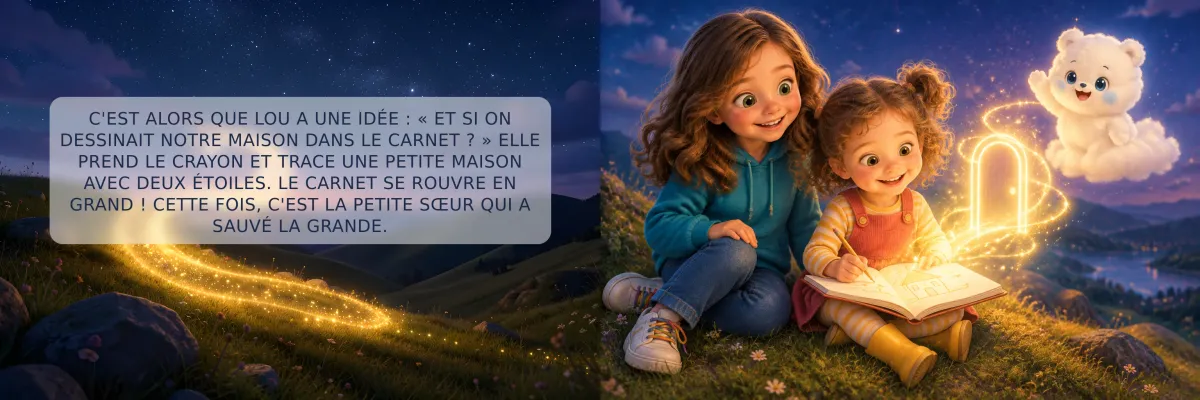 Double page du livre Au Pays des Premières Fois : la petite sœur dessine la maison dans le carnet magique pour ramener les deux sœurs