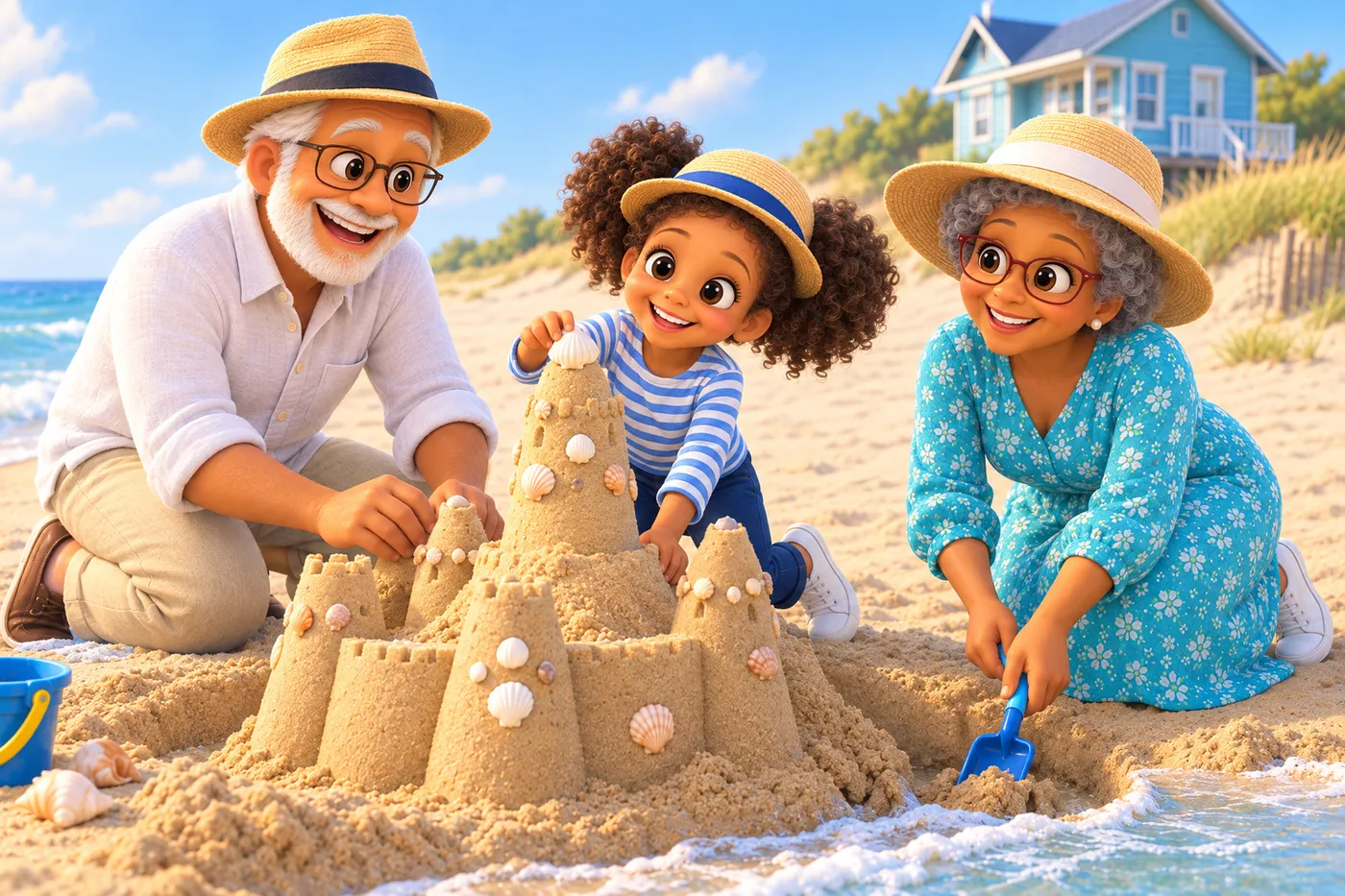 Illustration du livre personnalisé Les Vacances chez Papy et Mamy : une fillette, son grand-père et sa grand-mère construisent un château de sable