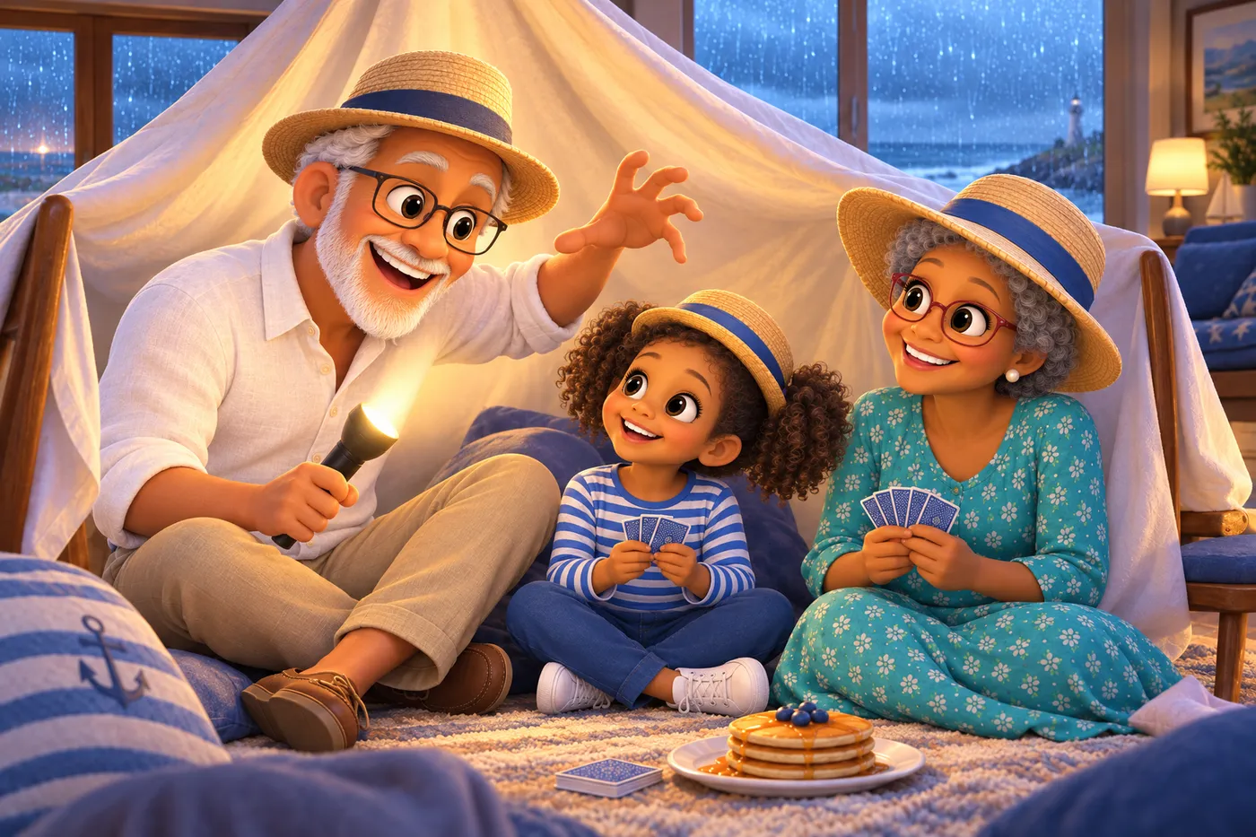 Illustration du livre personnalisé Les Vacances chez Papy et Mamy : cabane de draps, lampe de poche et jeu de cartes un jour de pluie