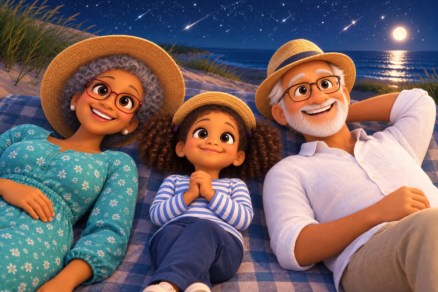 Illustration du livre personnalisé Les Vacances chez Papy et Mamy : les grands-parents et l'enfant regardent les étoiles filantes allongés sur une couverture