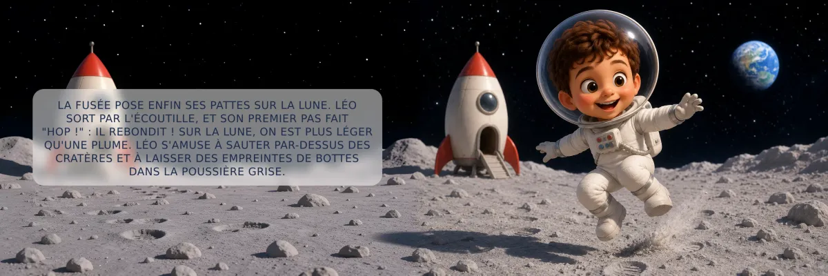 Double page du livre Le grand voyage dans l'espace : l'enfant astronaute rebondit sur la Lune près de sa fusée