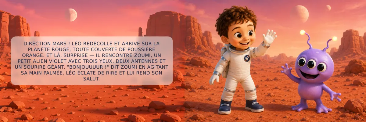 Double page du livre Le grand voyage dans l'espace : sur Mars, l'enfant rencontre Zoumi, un petit alien violet à trois yeux