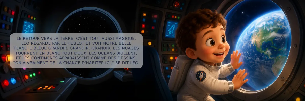 Double page du livre Le grand voyage dans l'espace : la Terre vue depuis le hublot de la fusée pendant le retour