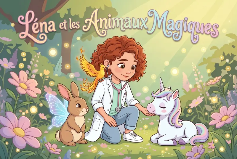 Couverture du livre personnalisé Les Animaux Magiques dans le style Cartoon, avec l'enfant vétérinaire et des animaux enchantés