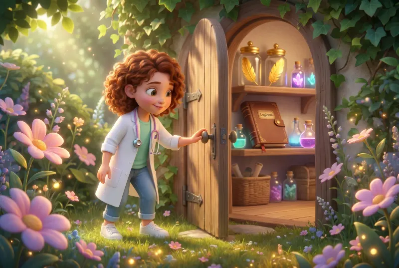 Illustration du livre Les Animaux Magiques : l'enfant en blouse de vétérinaire ouvre la porte secrète du jardin