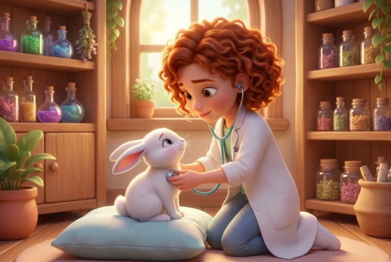 Illustration du livre Les Animaux Magiques : l'enfant ausculte un petit lapin blanc installé sur un coussin