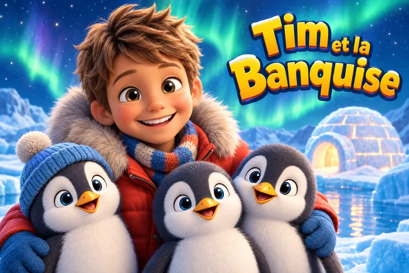 Couverture du livre personnalisé La Banquise Enchantée : un enfant en parka rouge avec des pingouins sur la banquise