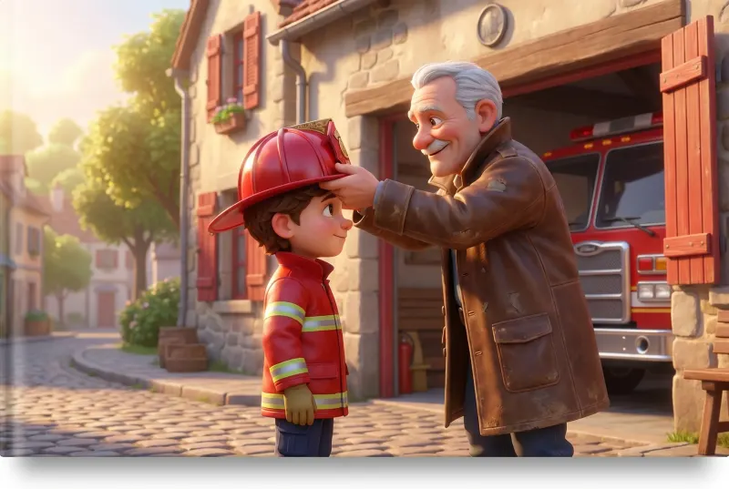 Illustration du livre Le Grand Pompier : le vieux chef de la caserne pose le casque rouge sur la tête de l'enfant