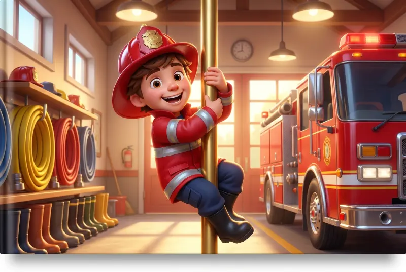 Illustration du livre Le Grand Pompier : l'enfant pompier descend la barre dorée de la caserne à côté du camion rouge